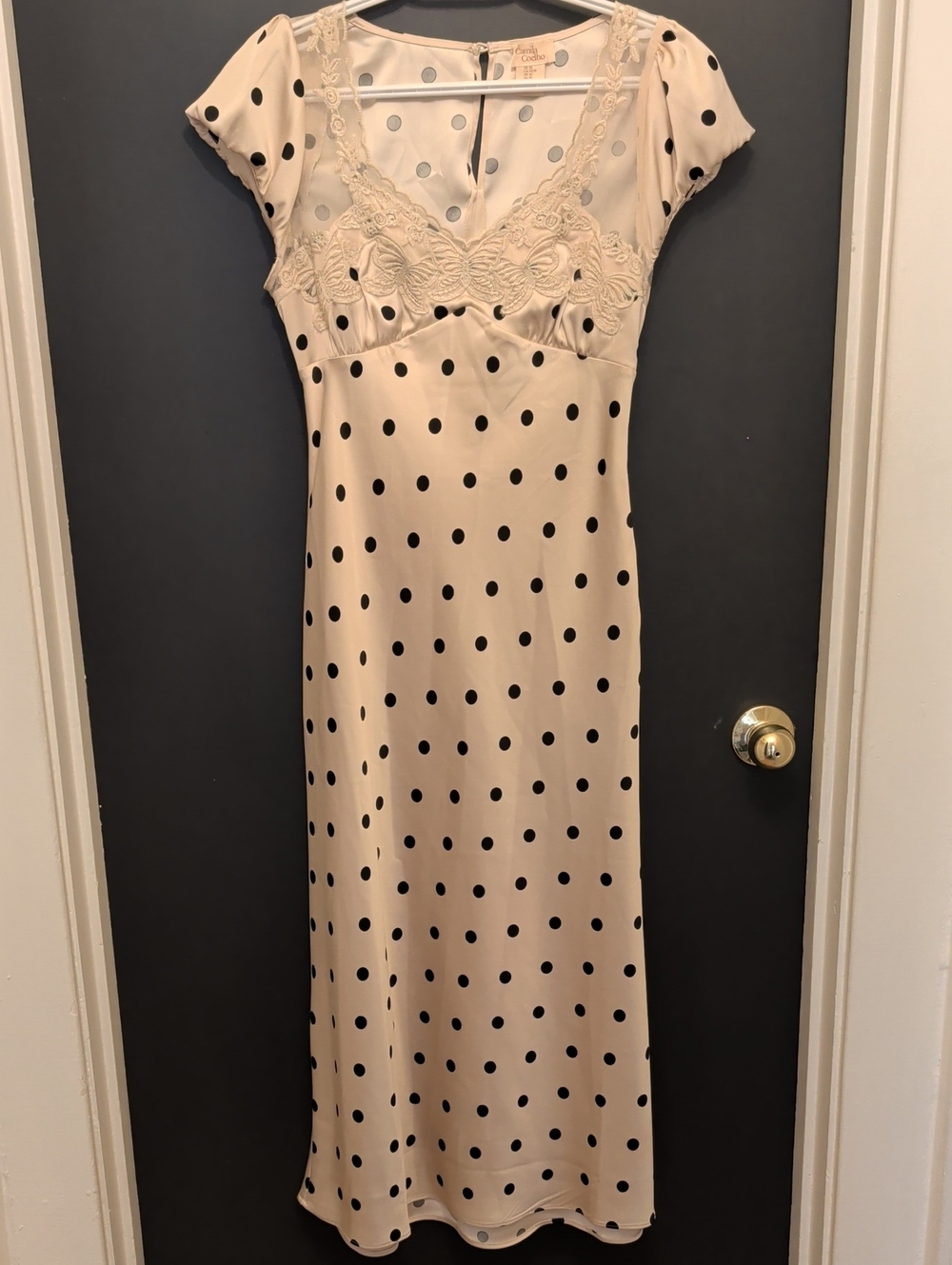 Camila Coelho Cream Polka Dot Lace-Trim Slip Dress